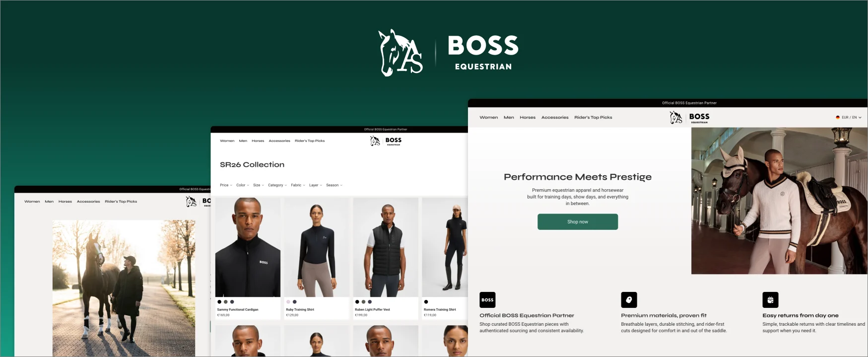 BOSS Equestrian collection, product and storefront screens on a green field
