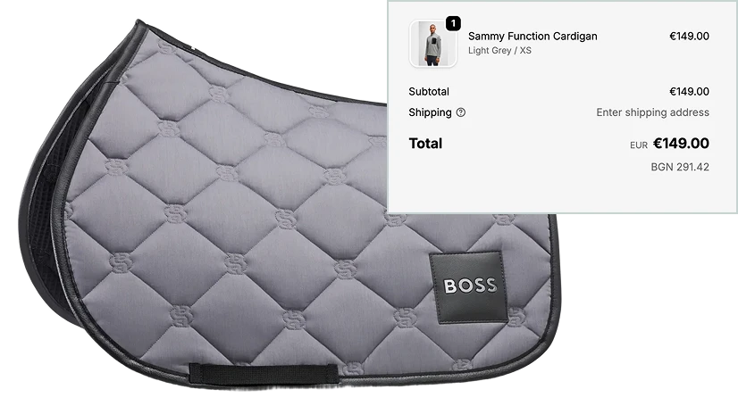 A BOSS saddle pad next to the checkout summary panel