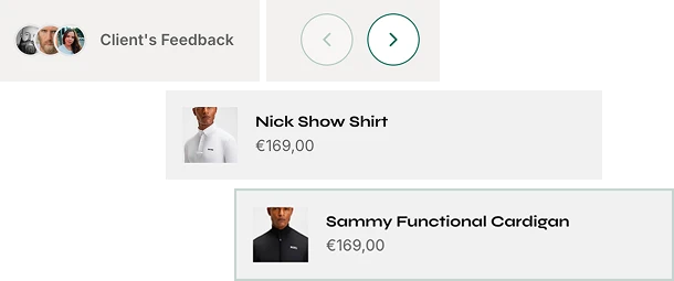 Client feedback carousel and product rows from the storefront