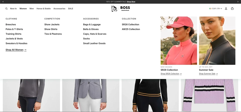 The BOSS Equestrian women's mega-menu with collection and sale promos