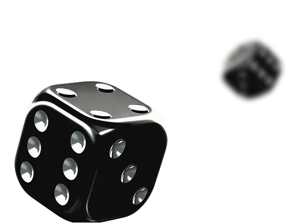 A 3D render of two black dice, one sharp and one caught mid-tumble
