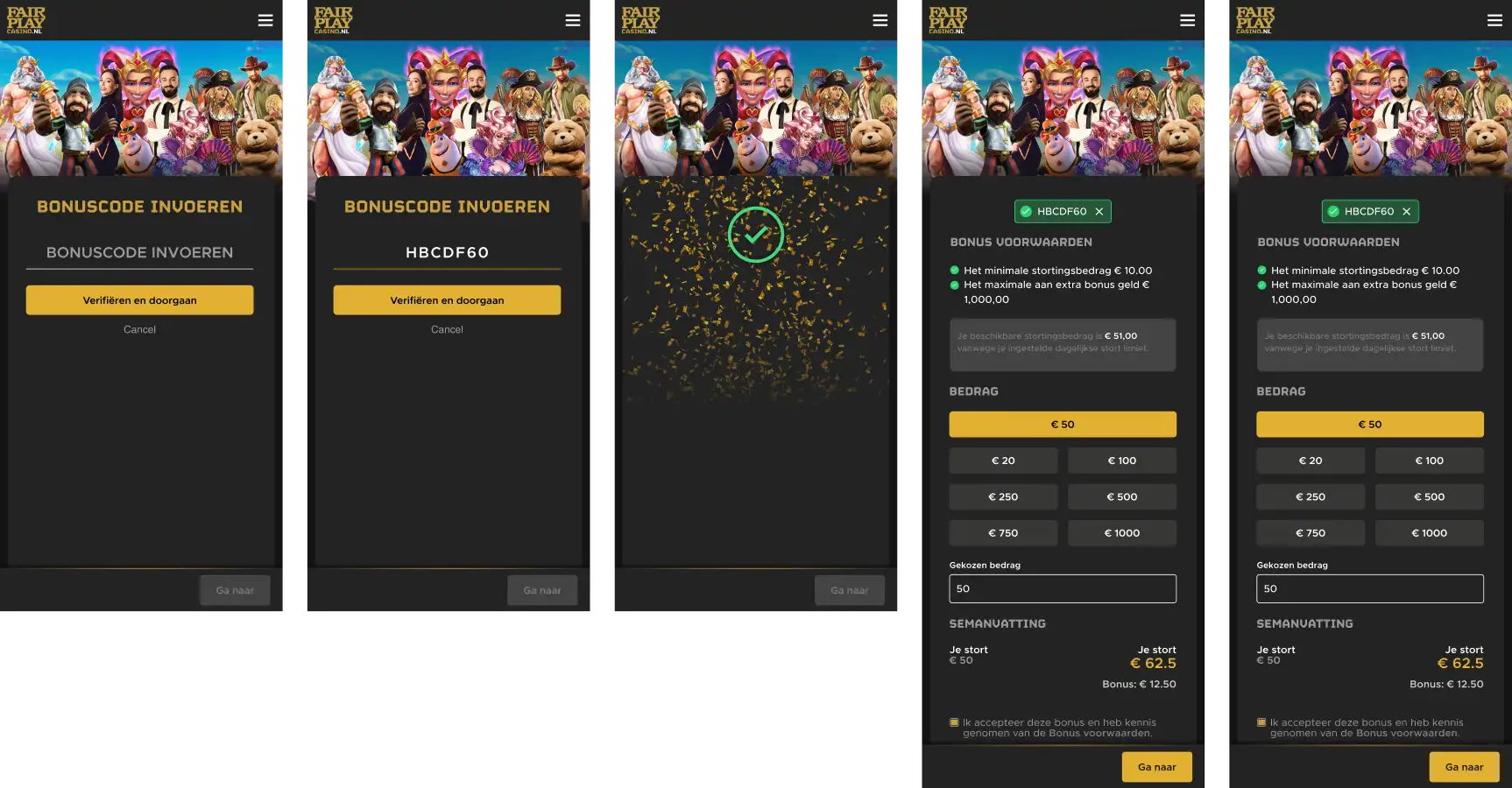 Five Fairplay mobile screens following the bonus-code journey - entering the code, confirmation, and the bonus terms and deposit-amount step