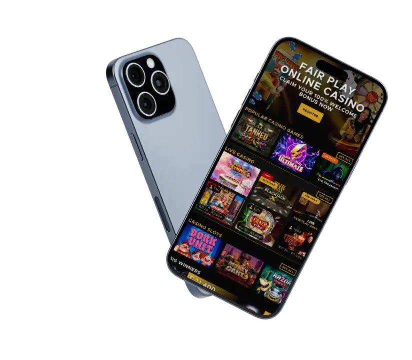 Two iPhones showing the Fairplay Casino mobile lobby - welcome bonus banner, popular games, live casino and slots rows