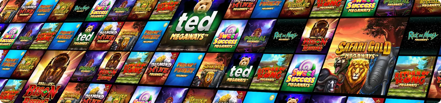 A wall of Fairplay slot-game thumbnails - Ted Megaways, Safari Gold, Bison Rising, Sweet Success and more