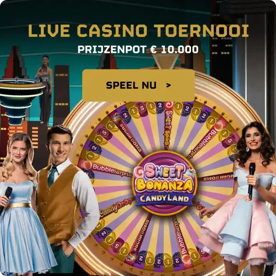 Live Casino Toernooi campaign banner - Sweet Bonanza CandyLand wheel, prize pot of 10,000 euro