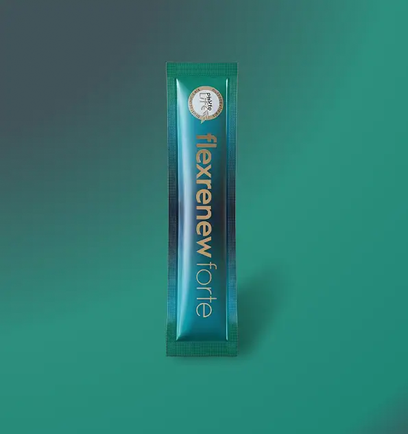 A flexrenew forte sachet on a deep teal gradient