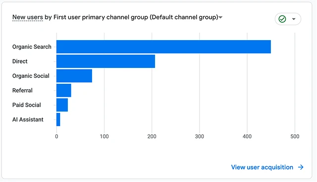 New users by first channel group, led by organic search