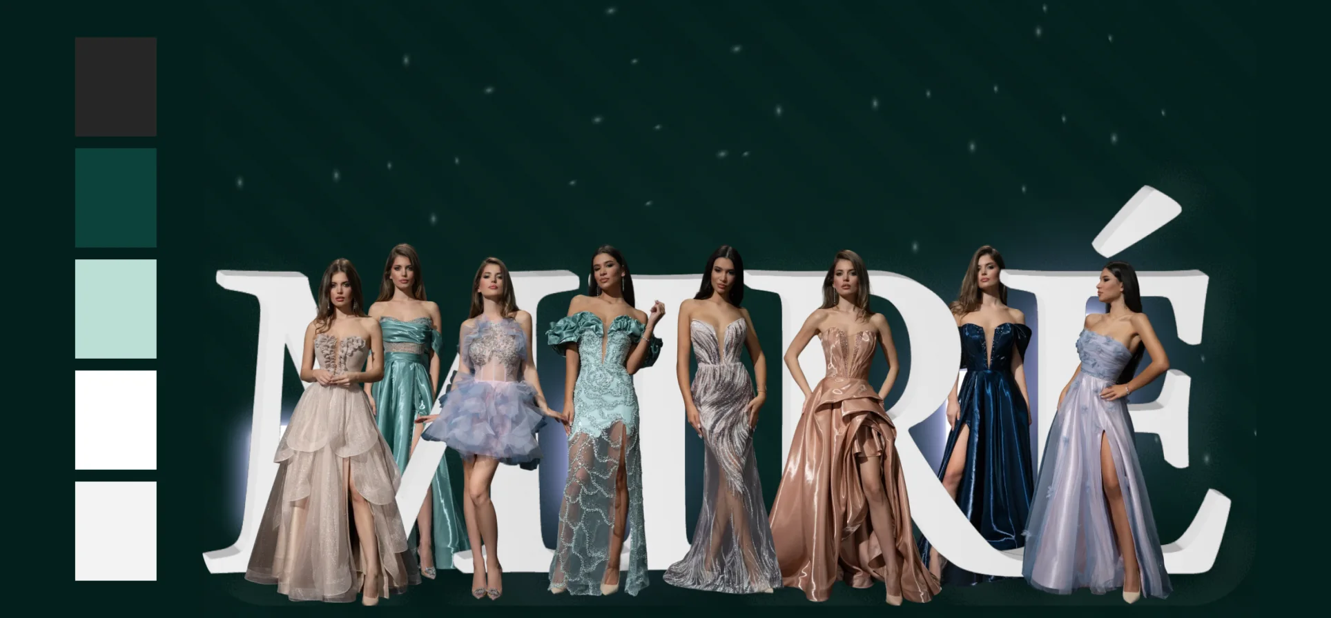 The MIRÉ brand palette beside models in the studio's gowns
