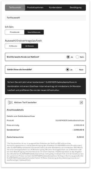 Wireframe: tariff selection, private or business customer