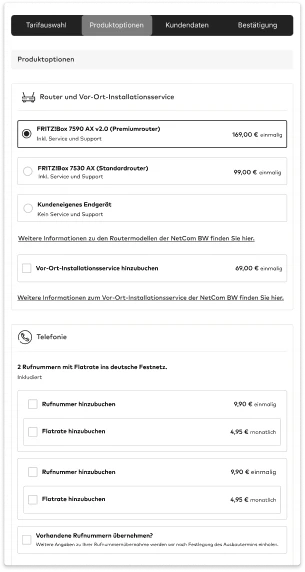 Wireframe: product options, router and on-site installation