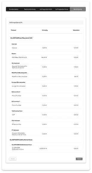 Wireframe: order summary with one-off and monthly charges