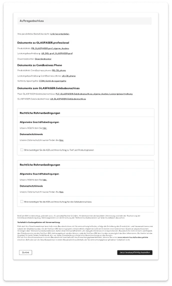 Wireframe: order completion, contract documents and consent