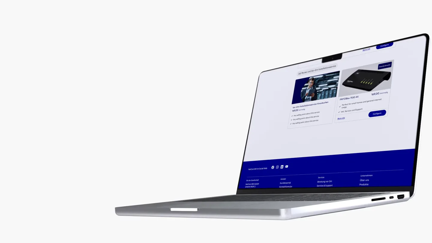 A MacBook opening onto the Netcom BW self-service portal, the page scrolling on its screen