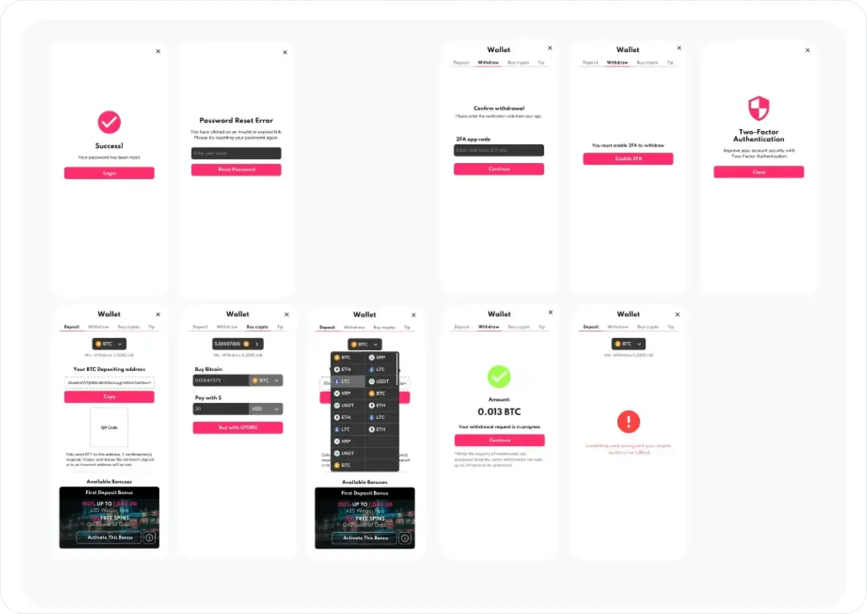 Supremo wallet prototypes - deposit, withdrawal, buy crypto, two-factor authentication, and password reset screens
