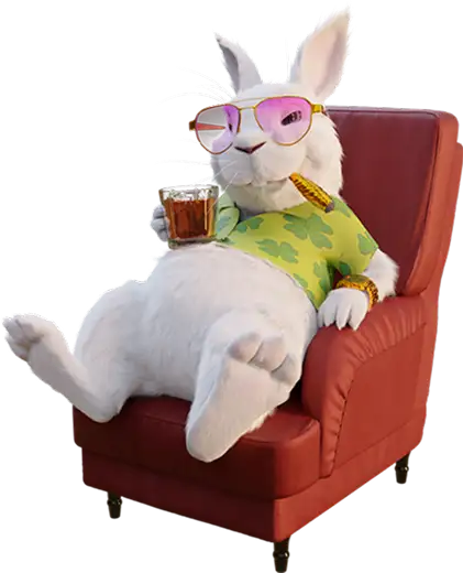 Supremo mascot, a white rabbit in sunglasses lounging in an armchair