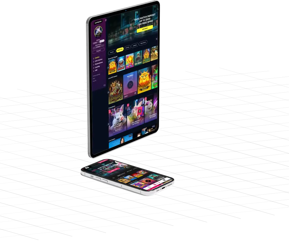 Supremo casino lobby shown on an iPad and an iPhone