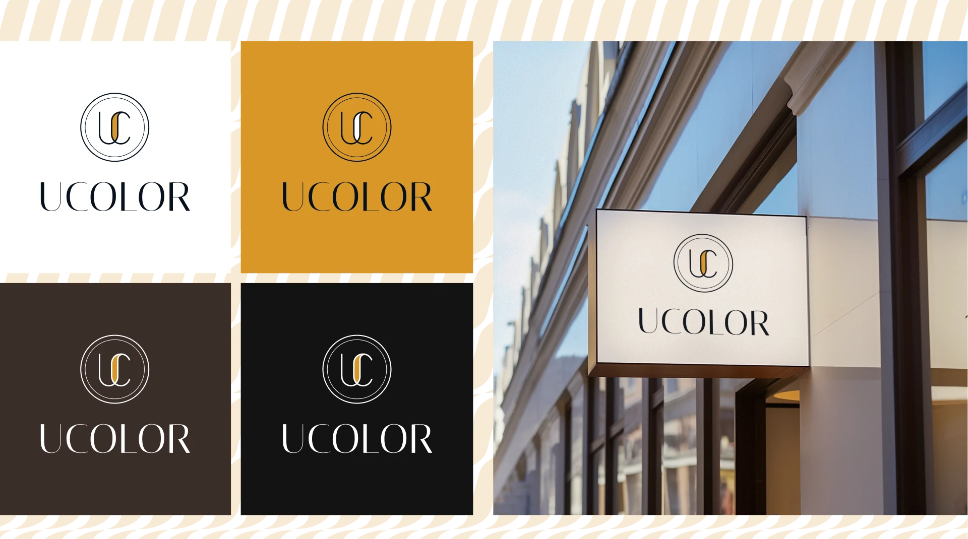 The UCOLOR wordmark in its brand colourways beside the shop frontage