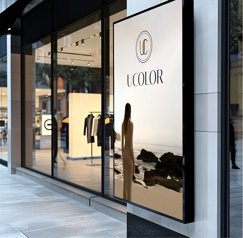 The UCOLOR shop frontage at dusk